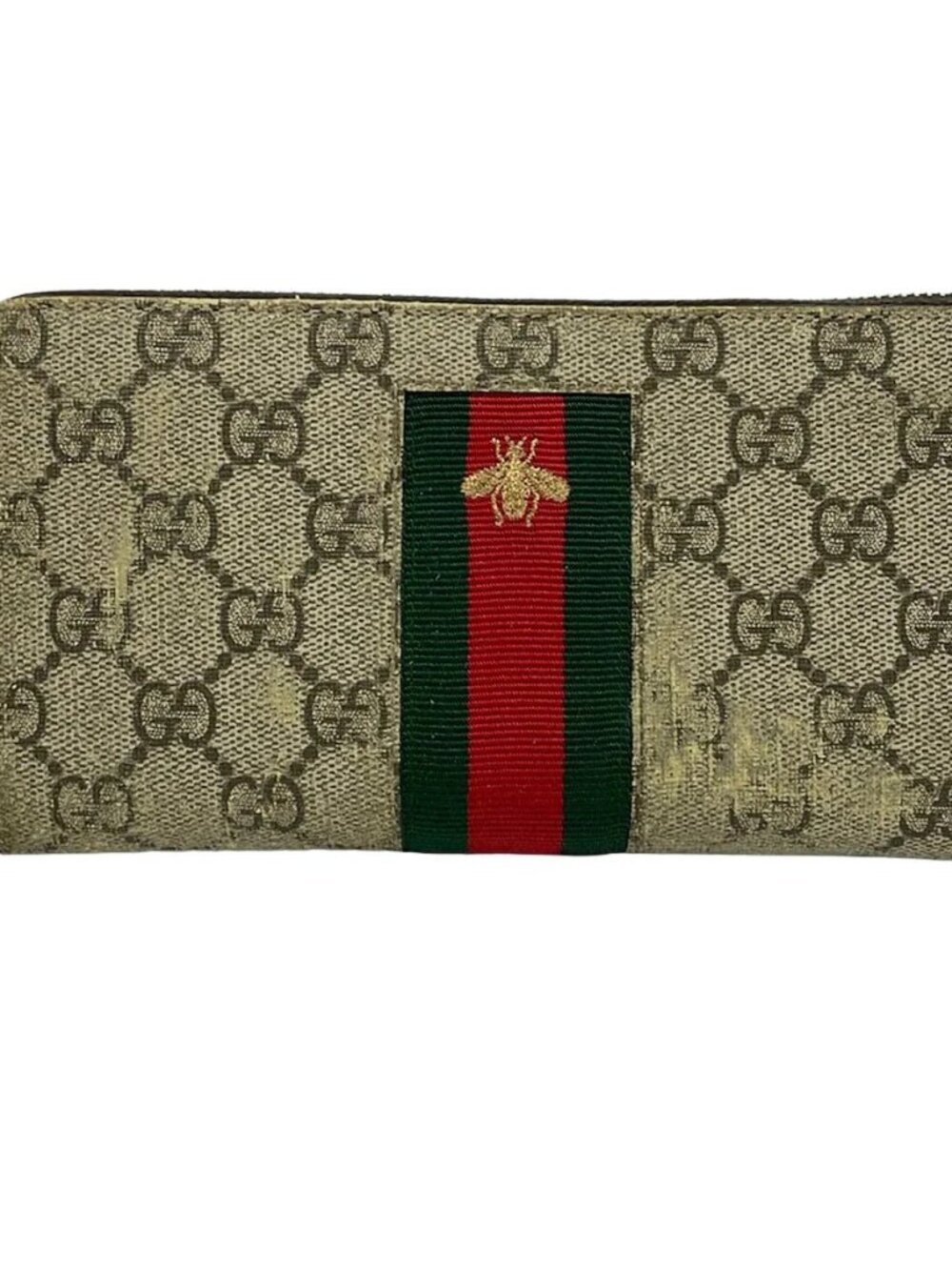 GUCCI Webbing GG Supreme Canvas Zip Around Wallet 408831 Beige Dark Brown Multi